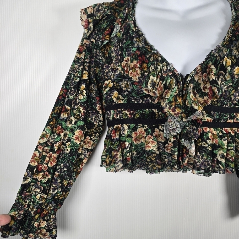 NWT Free People Rudi Ruffle Top In Green & Black Long Sleeve Cropped Size XS - Picture 6 of 16